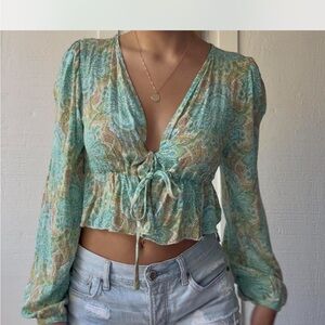 O'Neill Green and Tan Paisley Tie-Front Blouse